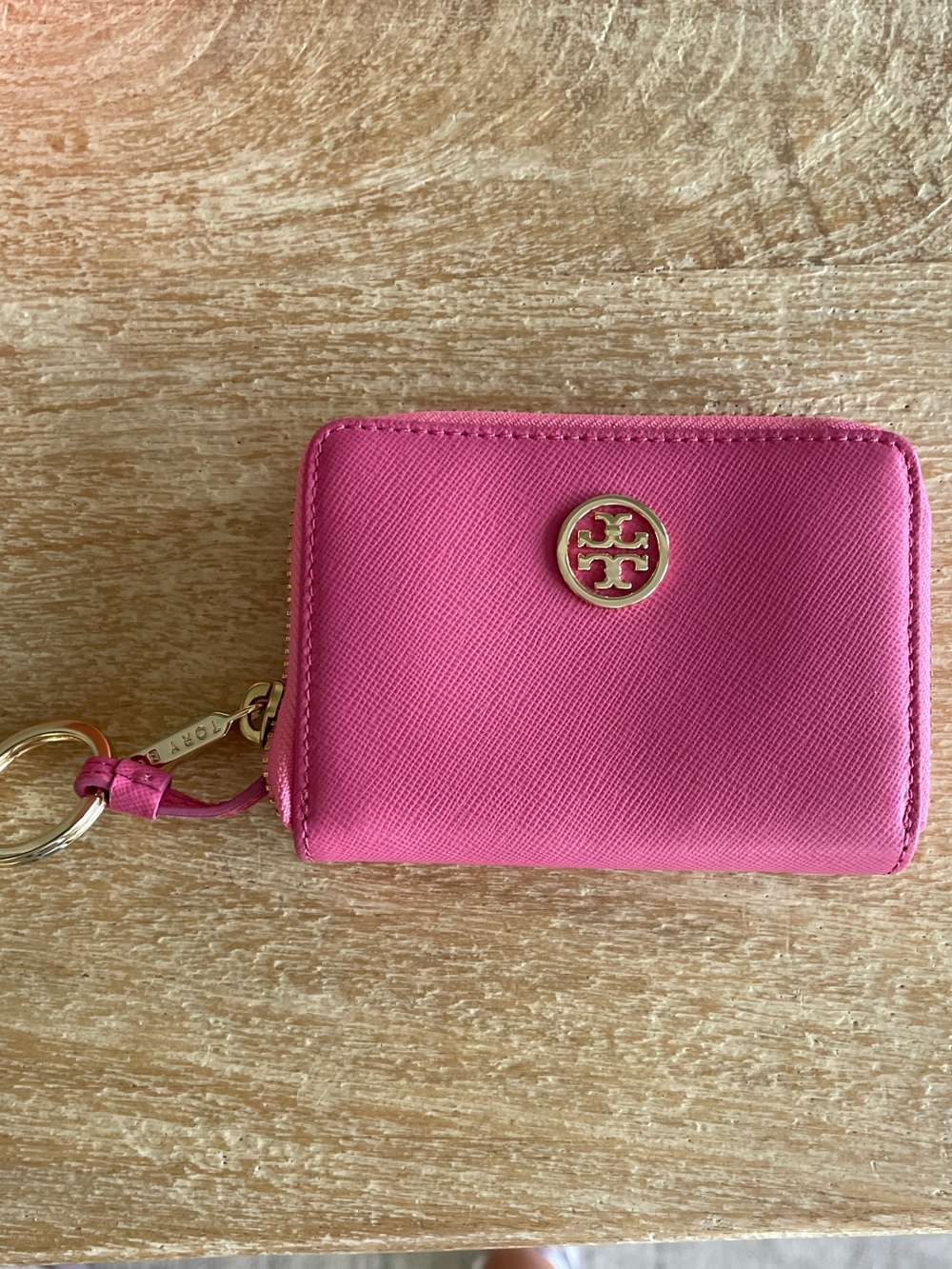 Tory Burch Hot Pink Saffiano Zip Card Case with Keyring